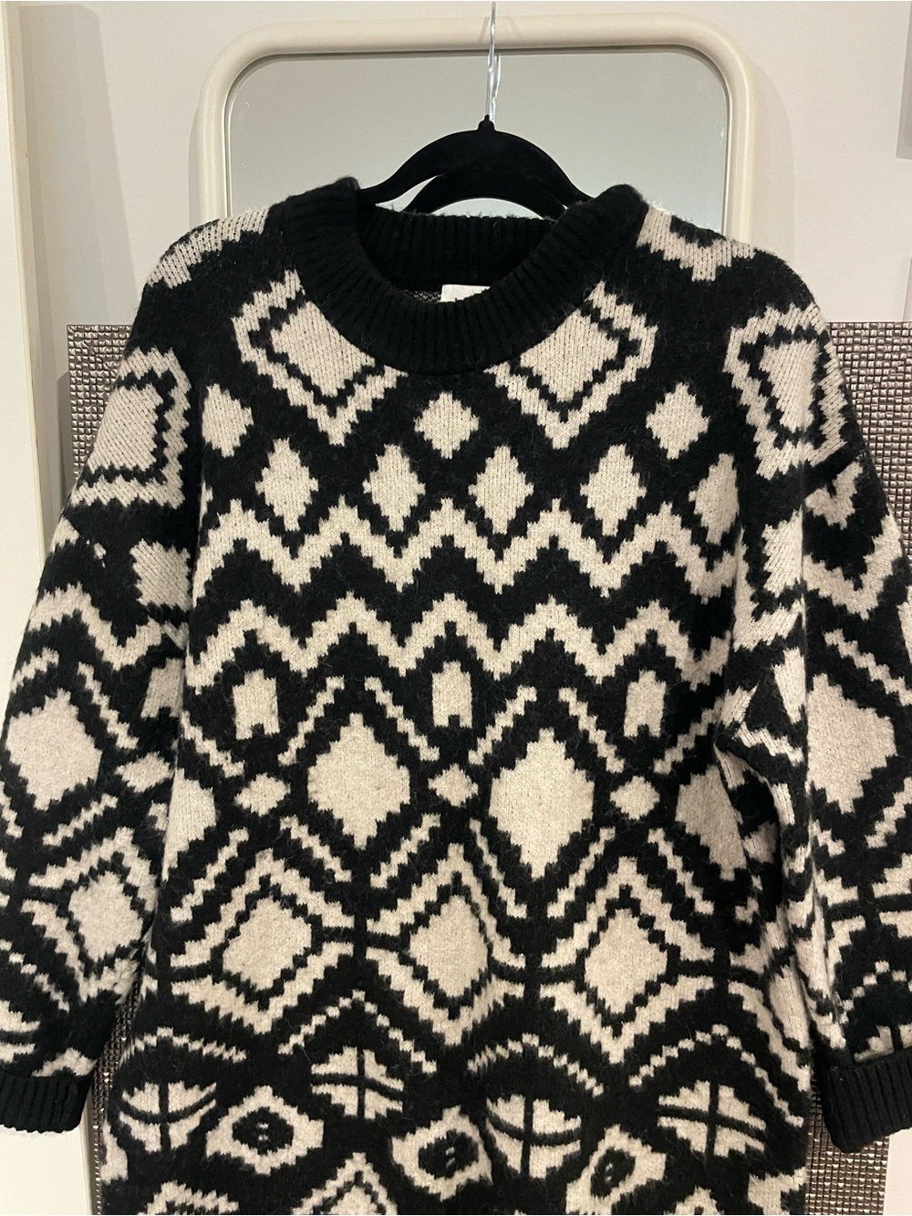 H&M Black and Cream Geometric Crewneck Sweater